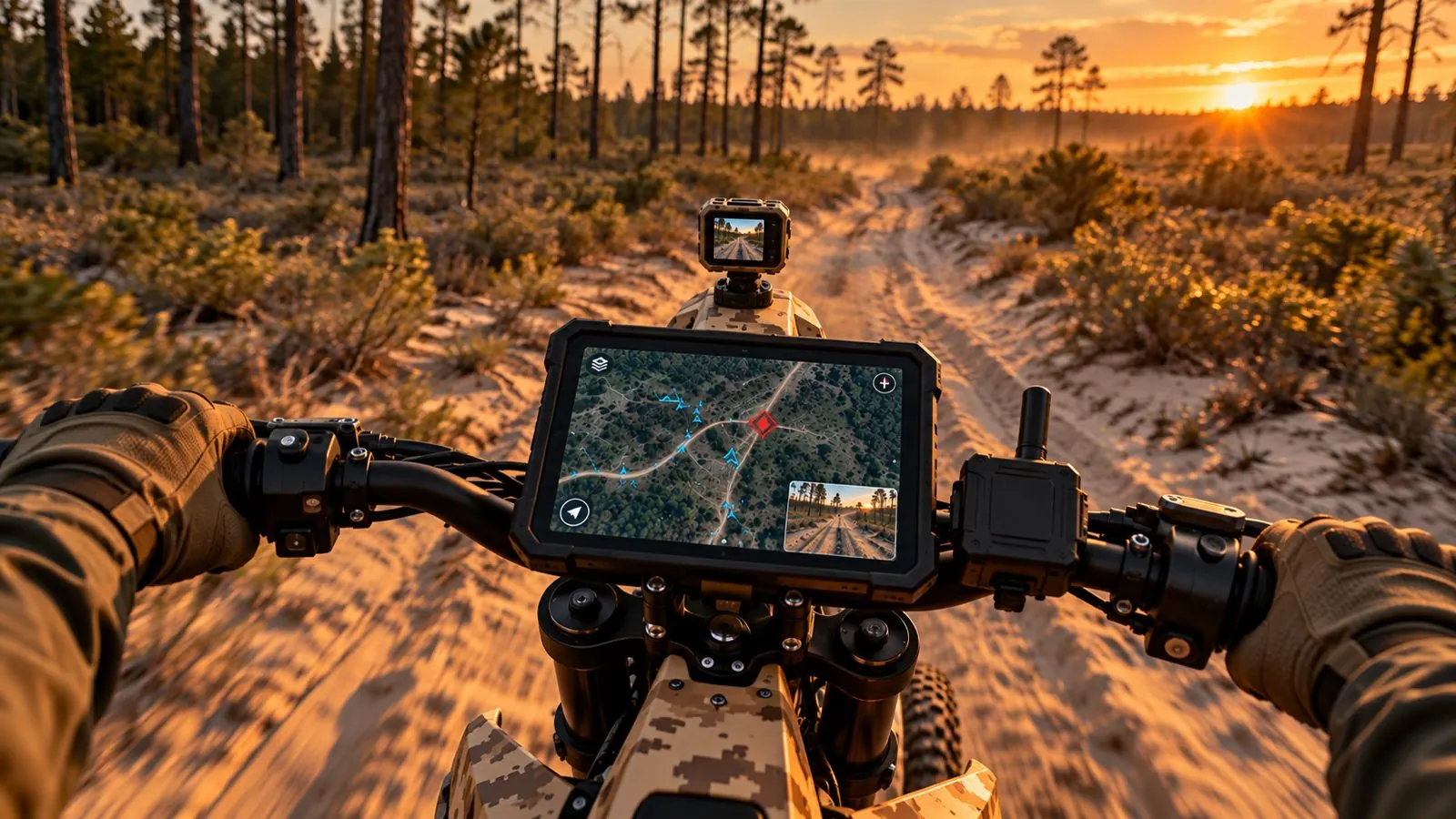 Rider's view of a rugged tablet mounted on tactical e-bike handlebars showing a live map and camera feed