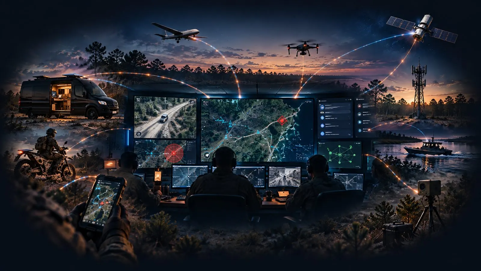 Concept illustration of a command center fusing feeds from aircraft, drones, satellites, vehicles, boats, sensors, and dismounted operators