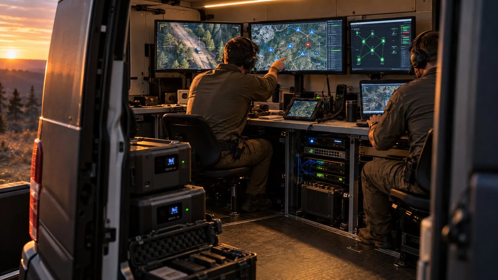 View through the open side door of a mobile command van at sunset, with two operators at a workbench of screens showing a map, drone video, and network status, above a rack of network gear and stacked power stations