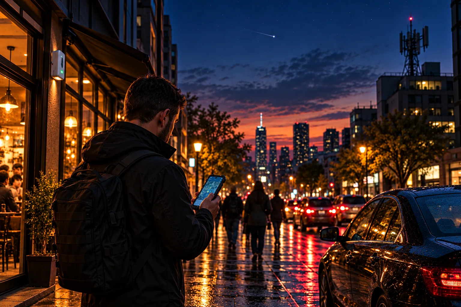 An operator on a city street at dusk checks an Android phone while DFP watches nearby wireless signals