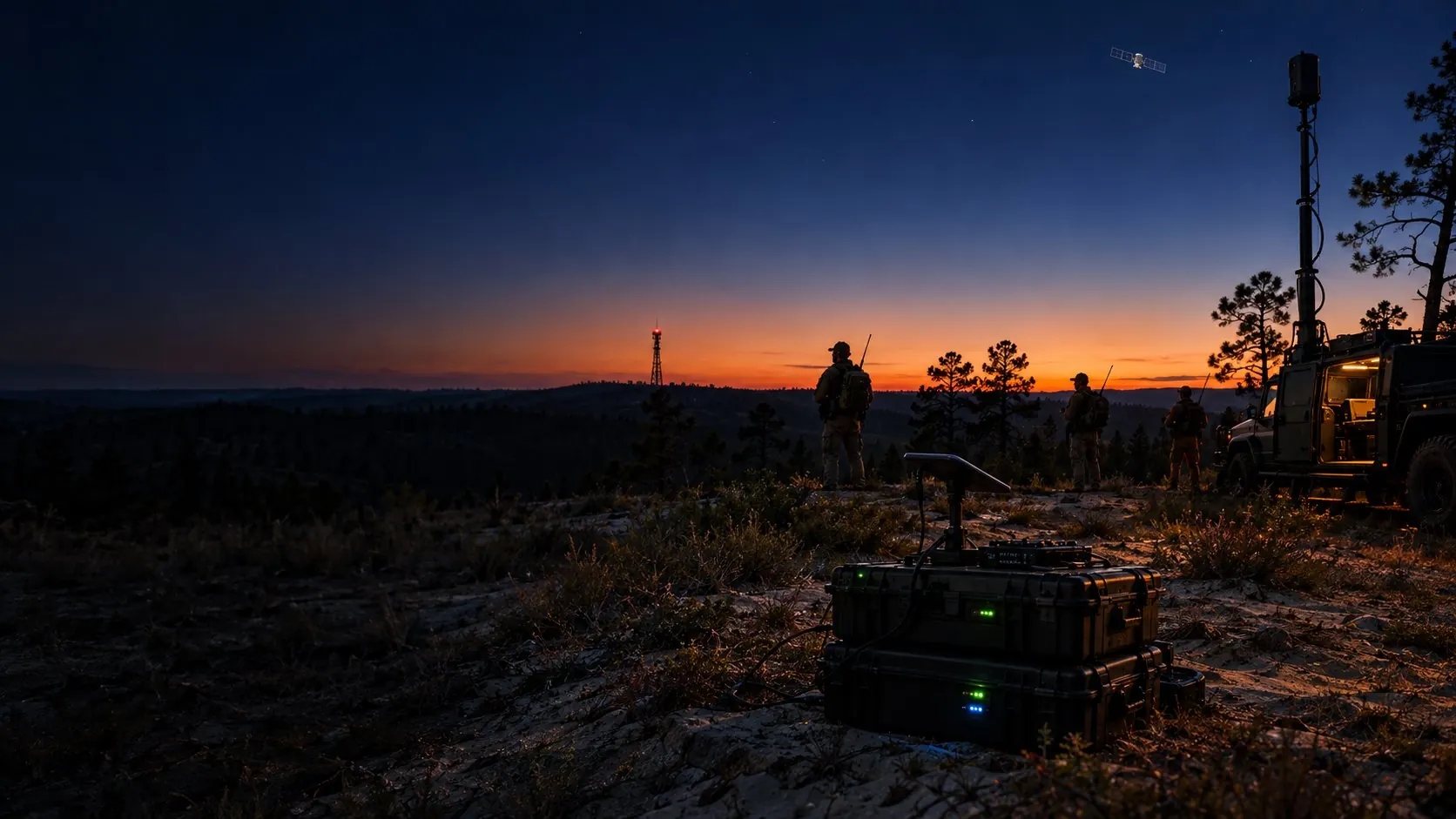 Field network node on the ground at dusk with operators, a cell tower on the ridge, a vehicle with a raised radio mast, and a satellite overhead